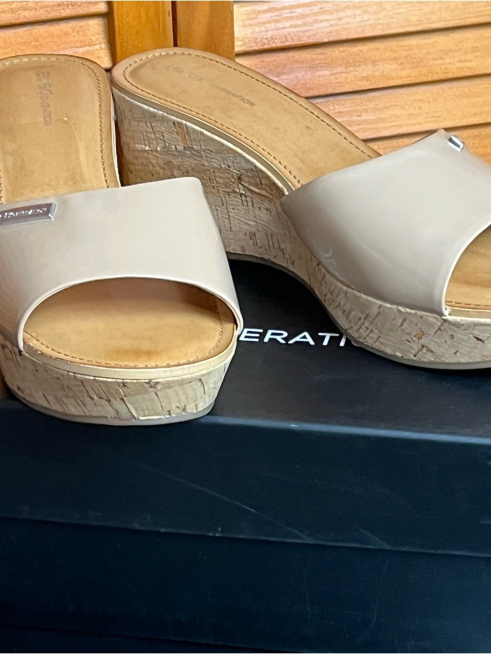 BCBGeneration Taupe Patent Cork Wedge Slide